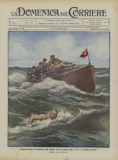 Burgess durante a travessia do Canal, que completou após 23 horas e 40 minutos de natação de Achille Beltrame