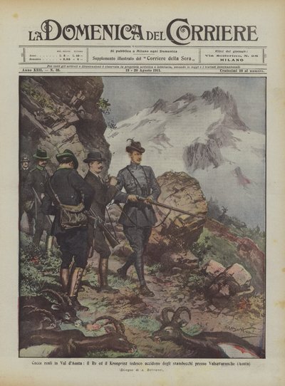Caças reais em Val d&39;Aosta, o rei alemão e Kronprinz matam cabras da montanha perto de Valsavaranche (Aosta) de Achille Beltrame