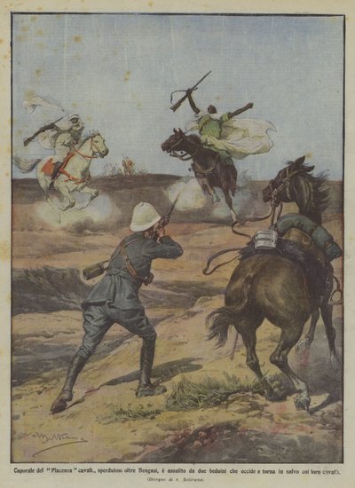 Cabo de cavalos de Piacenza, perdido além de Benghazi, e assaltado por dois beduínos que matam de Achille Beltrame