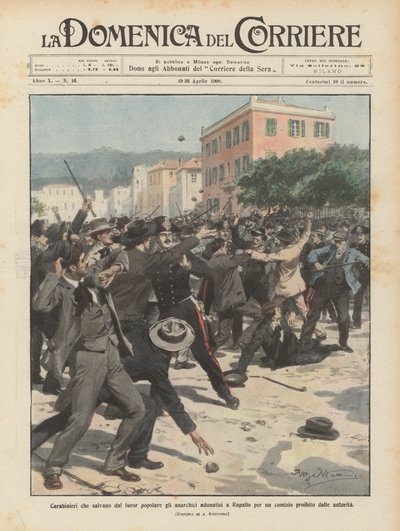 Carabinieri que salvam os anarquistas da raiva popular em Rapallo por um comício proibido pelas autoridades de Achille Beltrame