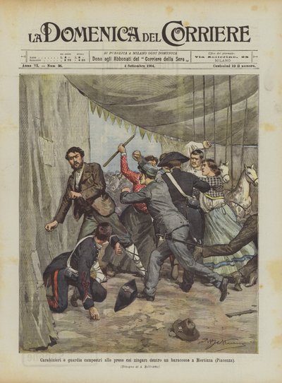 Carabinieri e guardas do campo lutando com ciganos em uma cabana em Mortizza (Piacenza) de Achille Beltrame