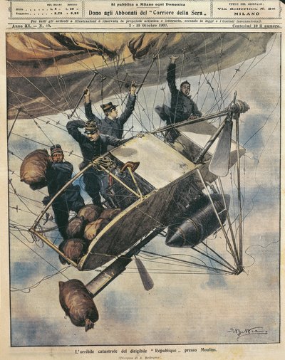 Catástrofe do dirigível Republique perto de Moulins, França, ilustração de Achille Beltrame de La Domenica del Corriere, 3-10 de outubro de Achille Beltrame