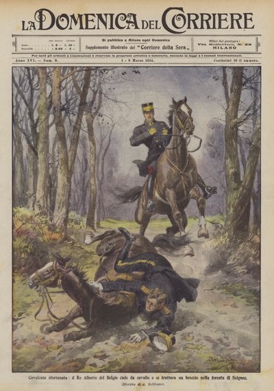 Passeio azarado, o rei Albert da Bélgica cai de seu cavalo e quebra o braço na floresta de Soignes de Achille Beltrame