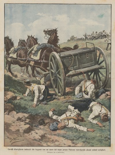 Cavalos de cavalos assaltados fugindo com um trem vagão em Palermo esmagadora de Achille Beltrame