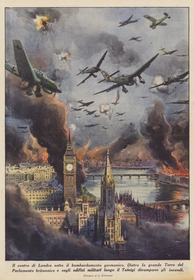 O centro de Londres sob o bombardeamento germânico (Litografia a cores) de Achille Beltrame