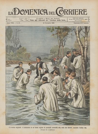 Cerimônia original, o batismo em um rio inglês de vários convertidos à seita de Achille Beltrame
