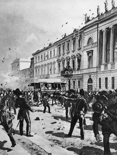 Choque entre manifestantes e polícia em Milão, Corso Venezia, em frente ao Palazzo Saporiti, 7 de maio de Achille Beltrame