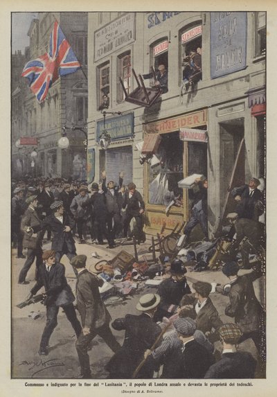 Tocado e indignado com o fim do Lusitania, o povo de Londres ataca e arrasa as propriedades dos alemães de Achille Beltrame