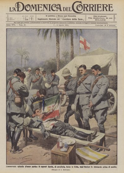 Movendo episódio damor patrio, o caporal Carola, de cavalaria, ferido na Líbia quer beijar de Achille Beltrame