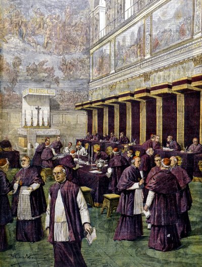 Conclave na Capela Sistina para a eleição do novo Papa. Ilustração de Beltrame. La Domenica del corriere. 1903. de Achille Beltrame