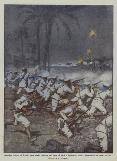 Conquista italiana de Trípoli, assalto à noite vã dos turcos nos poços de Bu-Meliana defendeu de Achille Beltrame