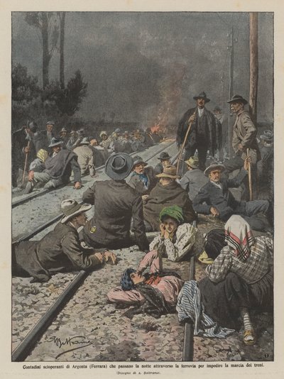 Camponeses impressionantes de Argenta (Ferrara) que passam a noite pela estrada de ferro para de Achille Beltrame