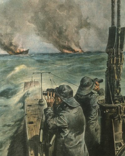 Ilustração da capa de navios a vapor anglo-americanos a serem torpedeados ao largo da costa da África Ocidental durante a Segunda Guerra Mundial de Achille Beltrame