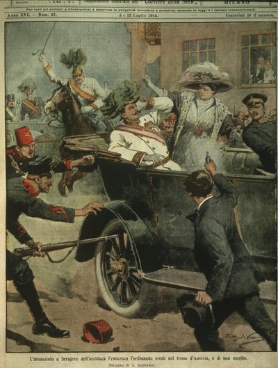 Ilustração da capa do Assassinato do Arquiduque Franz Ferdinand da Áustria, herdeiro do trono austro-húngaro, Sarajevo de Achille Beltrame