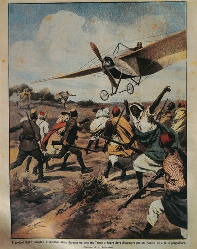 Ilustração da capa da tentativa do Capitão Moizo de aterrar durante a Campanha Africana, por Achille Beltrame (1871-1945), de La Domenica del Corriere, 22 de Setembro de 1912 de Achille Beltrame
