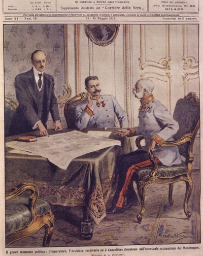 Ilustração da capa do Imperador da Áustria discutindo uma possível ocupação de Montenegro de Achille Beltrame