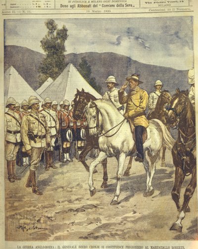 Ilustração da capa da rendição do General Cronje ao Marechal Roberts durante as Guerras Anglo-Zulu e Anglo-Boer de 1850-1902 de Achille Beltrame