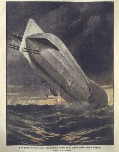 Ilustração da capa do cruzador alemão sendo varrido pelo furacão perto da ilha de Heligoland de Achille Beltrame