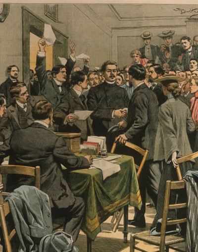 Ilustração da capa da chegada de Maxim Gorkys à reunião dos revolucionários russos; Londres, Inglaterra de Achille Beltrame