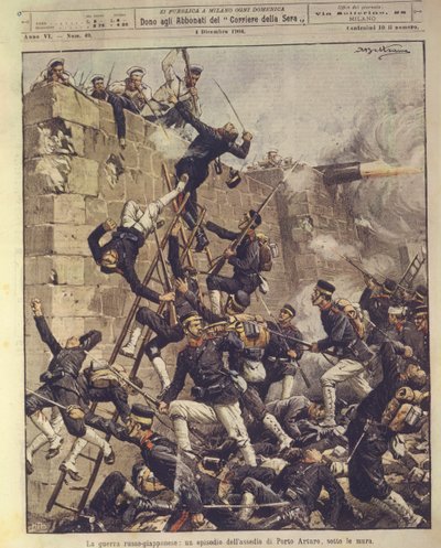 Ilustração da capa do Cerco de Port Arthur na China durante a Guerra Russo-Japonesa de 1904-1905 de Achille Beltrame
