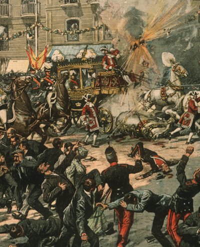 Ilustração da capa da tentativa de assassinato do rei Alfonso XIII no dia do seu casamento, 31 de Maio de 1906, Madrid, Espanha de Achille Beltrame