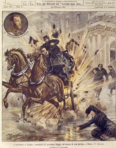 Ilustração da capa do assassinato do Grão-Duque Sergei Alexandrovich Romanov por bomba terrorista em Moscovo, Rússia de Achille Beltrame