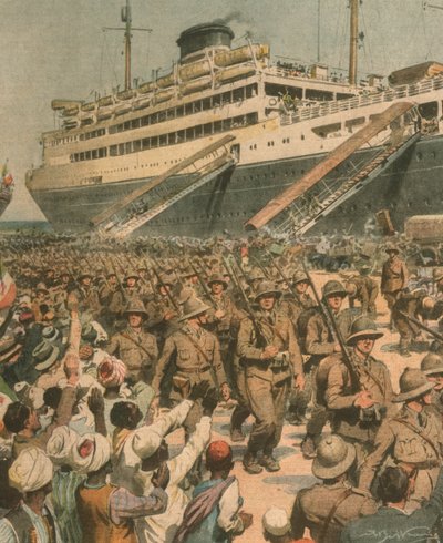 Ilustração da capa do desembarque das tropas italianas na África Oriental de Achille Beltrame
