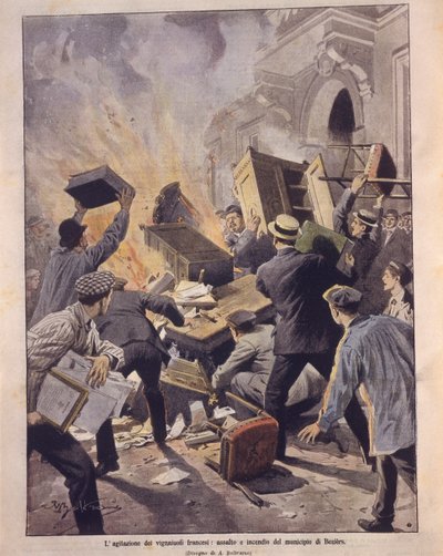 Ilustração da capa de vinicultores incendiando a Prefeitura de Beziers durante revoltas na França de Achille Beltrame