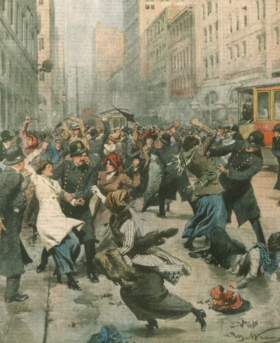 Ilustração da capa de mulheres que protestam contra o desemprego nas ruas; Nova Iorque, EUA de Achille Beltrame