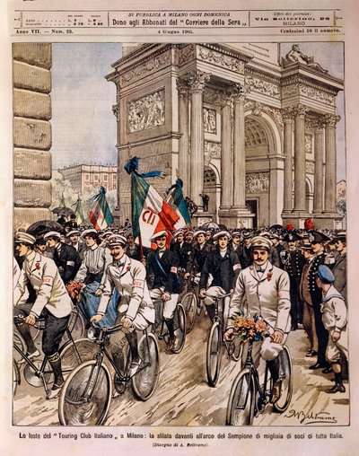 Ciclistas desfilando pelo Arco da Paz, celebração do Touring Club italiano em Milão, Itália, ilustração de Achille Beltrame de La Domenica del Corriere, 4 de junho de Achille Beltrame