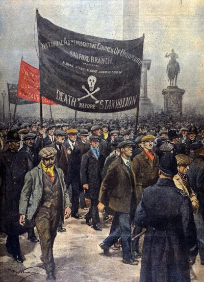 Manifestação de menores em greve. Londres 1922. Ilustração de Achille Beltrame. "La Domenica del Corriere". de Achille Beltrame
