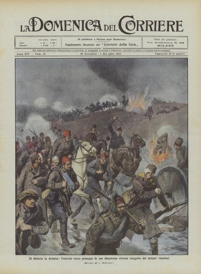 Depois de uma derrota na derrota, o exército turco continua sua retirada desastrosa perseguida pelos búlgaros vencedores de Achille Beltrame