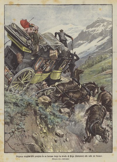 Diligência suíça que precipita em uma ravina ao longo da estrada de Brig (Sempione) para o vale do Ródano de Achille Beltrame