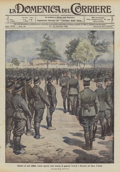 Na frente de seus soldados vieram afixados das trincheiras, General Tettoni e condecorado pelo duque de Aosta de Achille Beltrame