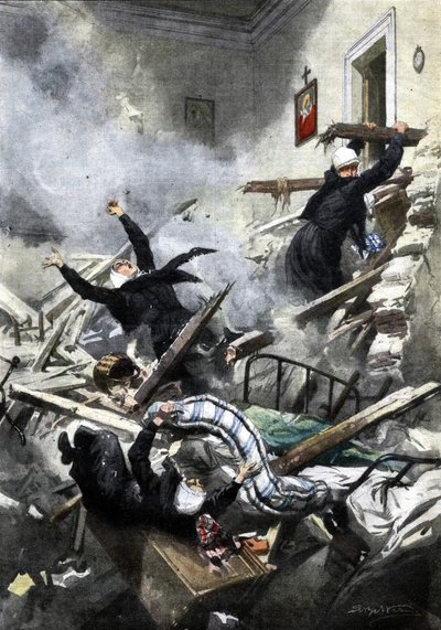 Desastre num edifício em Génova: as boas irmãs desapareceram no colapso de dois apartamentos. Ill. de Beltrame. "La Domenica del Corriere". 04/1914. de Achille Beltrame