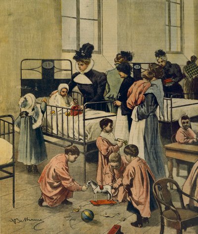 Distribuição de presentes de Natal a crianças pobres no hospital, por Achille Beltrame, ilustração, Ilustrador Achille Beltrame (1871-1945), de La Domenica del Corriere, 23 de novembro de 1900 de Achille Beltrame