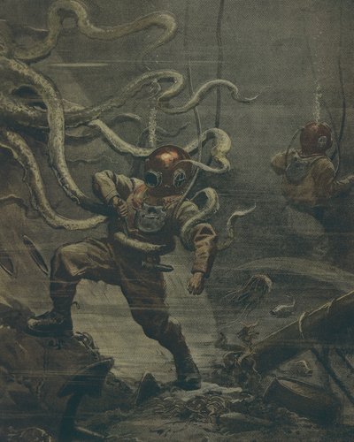 Mergulhador sendo atacado por polvo gigante durante o mergulho, por Achille Beltrame, ilustração, Ilustrador Achille Beltrame (1871-1945), de La Domenica del Corriere, 25 de outubro de 1908 de Achille Beltrame