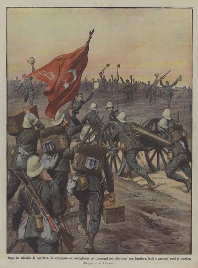 Após a vitória de Ain-Zara, as entusiastas boas-vindas aos camaradas que voltam com bandeiras de Achille Beltrame
