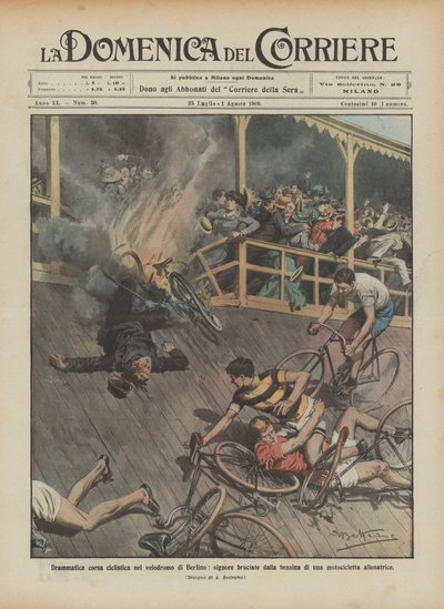 Corrida de ciclismo dramática no velódromo de Berlim, senhoras queimadas pelo combustível de um de Achille Beltrame
