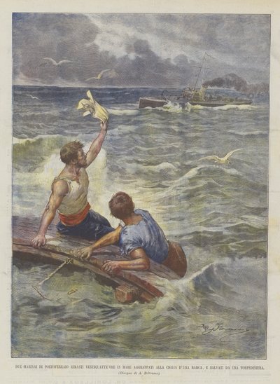 Dois marinheiros de Portoferraio Permanecem Vinte e Quatro No Mar Segurando As Pestanas DUna Barca de Achille Beltrame