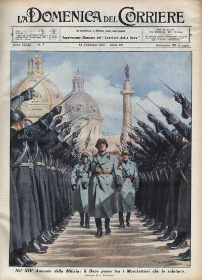 O Duque Benito Mussolini revê os "moschettieri" da Milícia Voluntária para a Segurança Nacional em Roma. Ilustração de Achille Beltrame em "La domenica del corriere" 14/02/1937. de Achille Beltrame