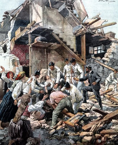 Terremoto em Reggio (Calábria) em 28/12/1908. Soldados estão procurando nos escombros as vítimas do terremoto. Ilustração de Beltrame. de Achille Beltrame
