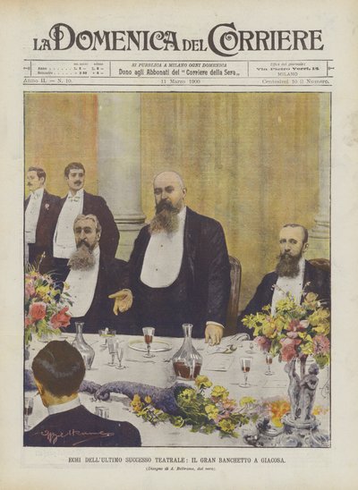 Ecos do último sucesso teatral, o grande banquete em Giacosa de Achille Beltrame