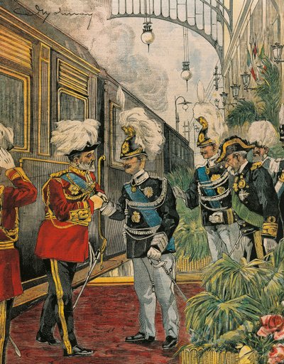 Eduardo VII, Rei da Inglaterra, chega a Roma, por Achille Beltrame, ilustração, Ilustrador Achille Beltrame (1871-1945), de La Domenica del Corriere de Achille Beltrame