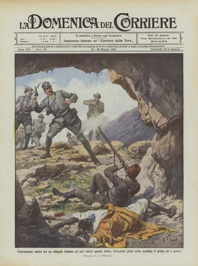 Emocionante duelo entre um italiano e um oficial turco, este último, ferido, invocando piedade tenta de Achille Beltrame
