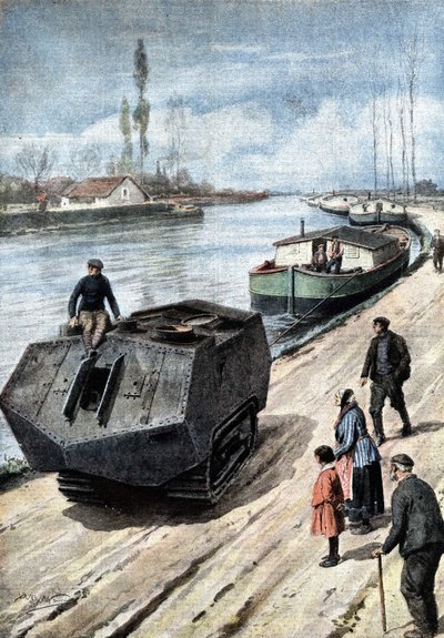 Fim da Primeira Guerra Mundial: o fim pacífico de uma formidável máquina de guerra. Os tanques agora rebocam barcaças no Canal Francês. Ill. de Beltrame. La Domenica del Corriere. 03/1919. de Achille Beltrame