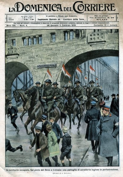 Presença inglesa na Alemanha: tropas militares em uma ponte do Reno em Colônia. Ilustração de Beltrame. La Domenica del Corriere. 01/1919. de Achille Beltrame