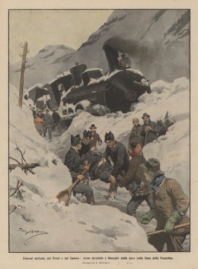 Enormes nevascas em Friuli e em Cadore, um trem atingido e bloqueado pela neve na linha de Pontebba de Achille Beltrame
