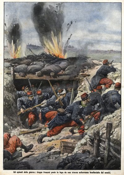 Episódio da Guerra de 1914: Tropas francesas nas trincheiras são bombardeadas por inimigos. "La Domenica del Corriere" de Achille Beltrame