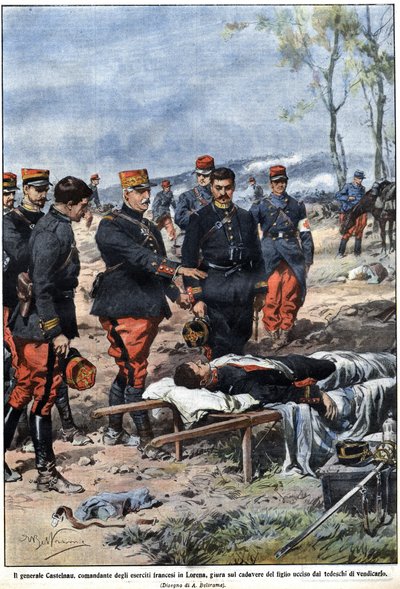 Episódio da guerra de 1914: O General Noel Edouard de Curieres de Castelnau (1851-1944), comandante do exército francês em Lorena, jura ao corpo do seu filho morto vingá-lo. Ilustração de Achille Beltrame em "La Domenica del Corriere". de Achille Beltrame